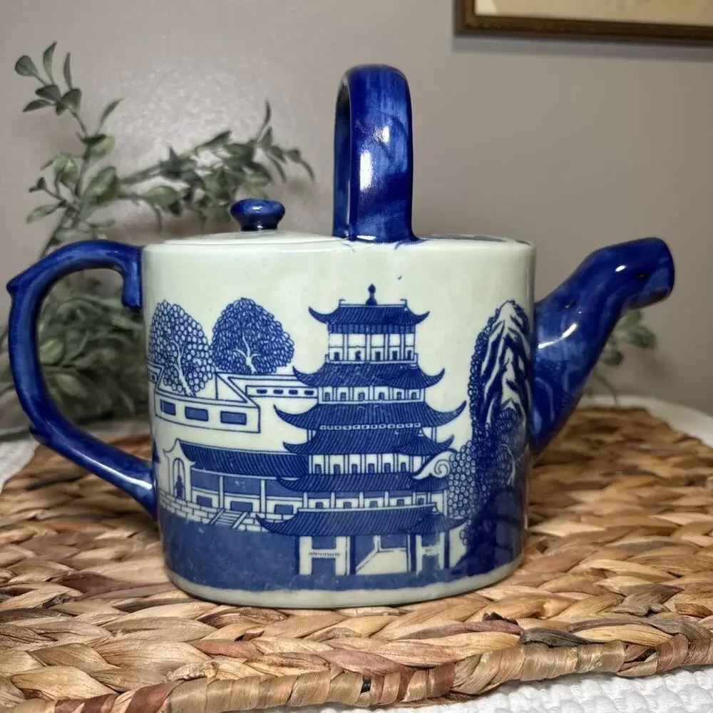 Victoria Blue White Ironstone Teapot Chinoiserie Landscape Handle 10.5” Vintage